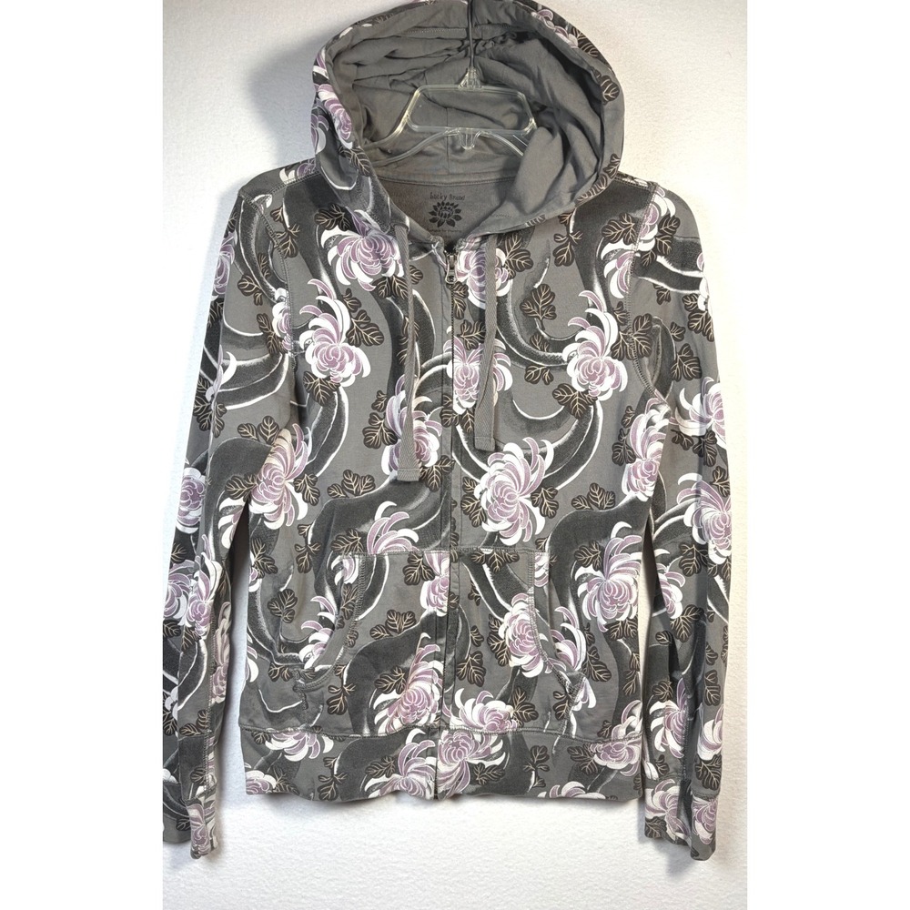 Lucky Brand Hoodie Women M Grey Floral Print Full Zip Cotton Sweatshirt